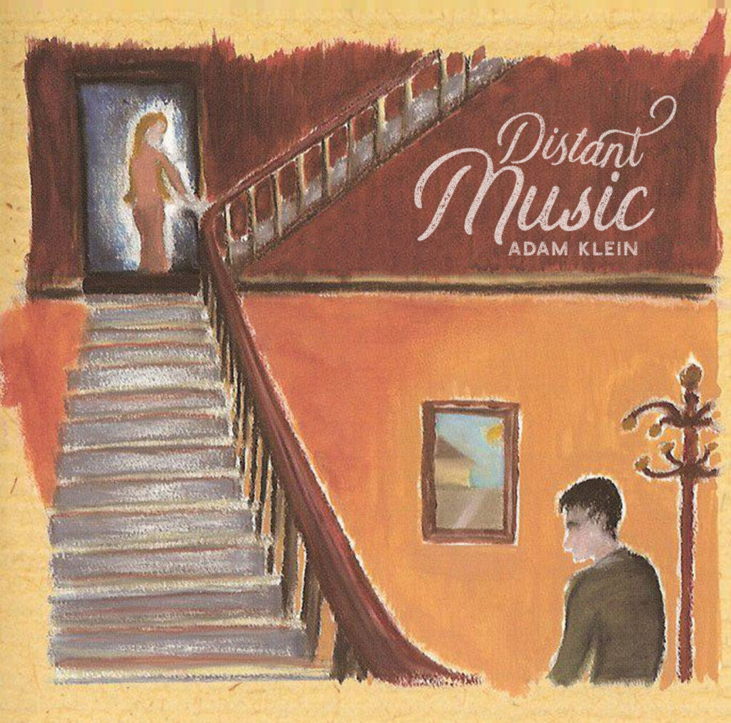 Painting of a person atop stairs with another person below by a coat rack. Title: Distant Music-Adam Klein